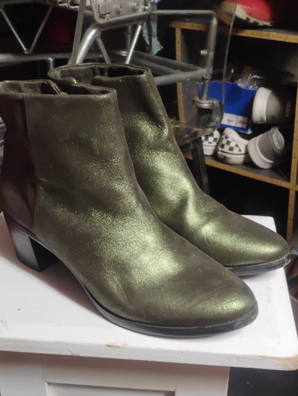 Metallic Olive Green Genuine Leather Women's Ankle Booties with Low Block Heel